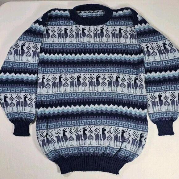 Alpaca Sweater Mens Small Wool Fair Isle Nordic Hand Knit Crew Neck - Picture 1 of 8